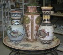 Ceramic Vases * Three examples of Jordanian Ceramics. The ones on the left and right are actual mosaics.  The one in the center is the faux-mosaic style, often used in Jordan. * 432 x 379 * (80KB)